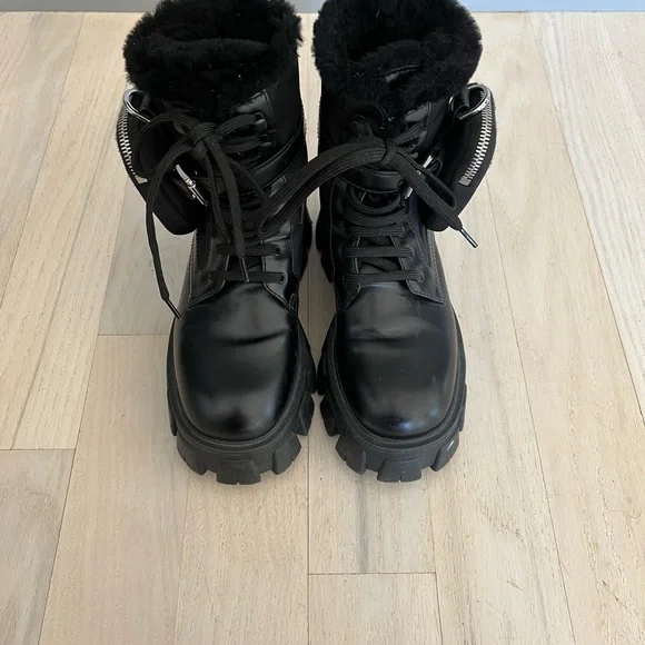 PRADA monolith leather and nylon biker boots with shearling lining black size 35 - Picture 6 of 8